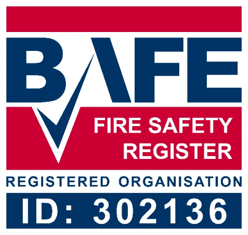 BAFE Fire Safety Register logo featuring bold text and a blue check mark. Includes the ID number: 302136.