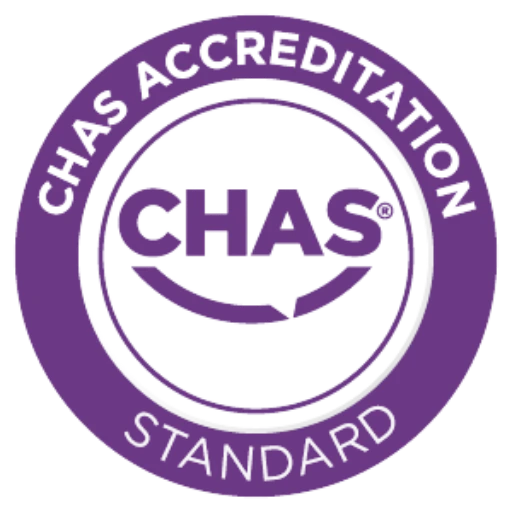 CHAS accreditation logo featuring a purple circular badge with the text "CHAS" and "ACcreditation Standard."